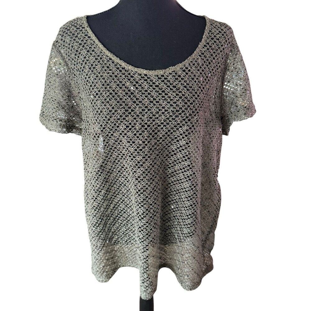 Chico's Sweater Womens XXL Green Silver Thread Open Weave Short Sleeve